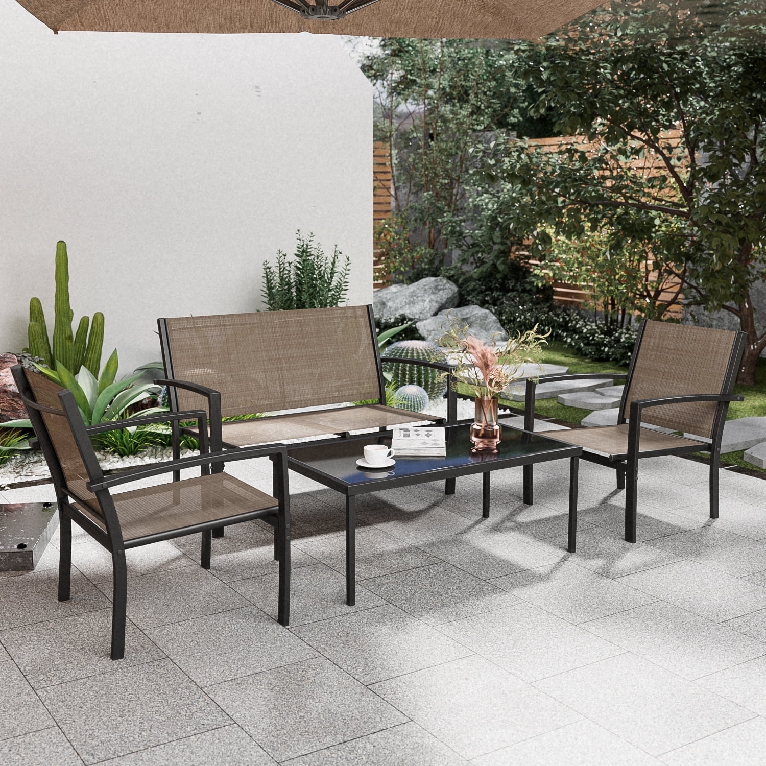 Lacoo 4 Pieces Outdoor Furniture Set Patio Textilene Steel Conversation Set with Loveseat Tea Table for Lawn and Balcony Brown