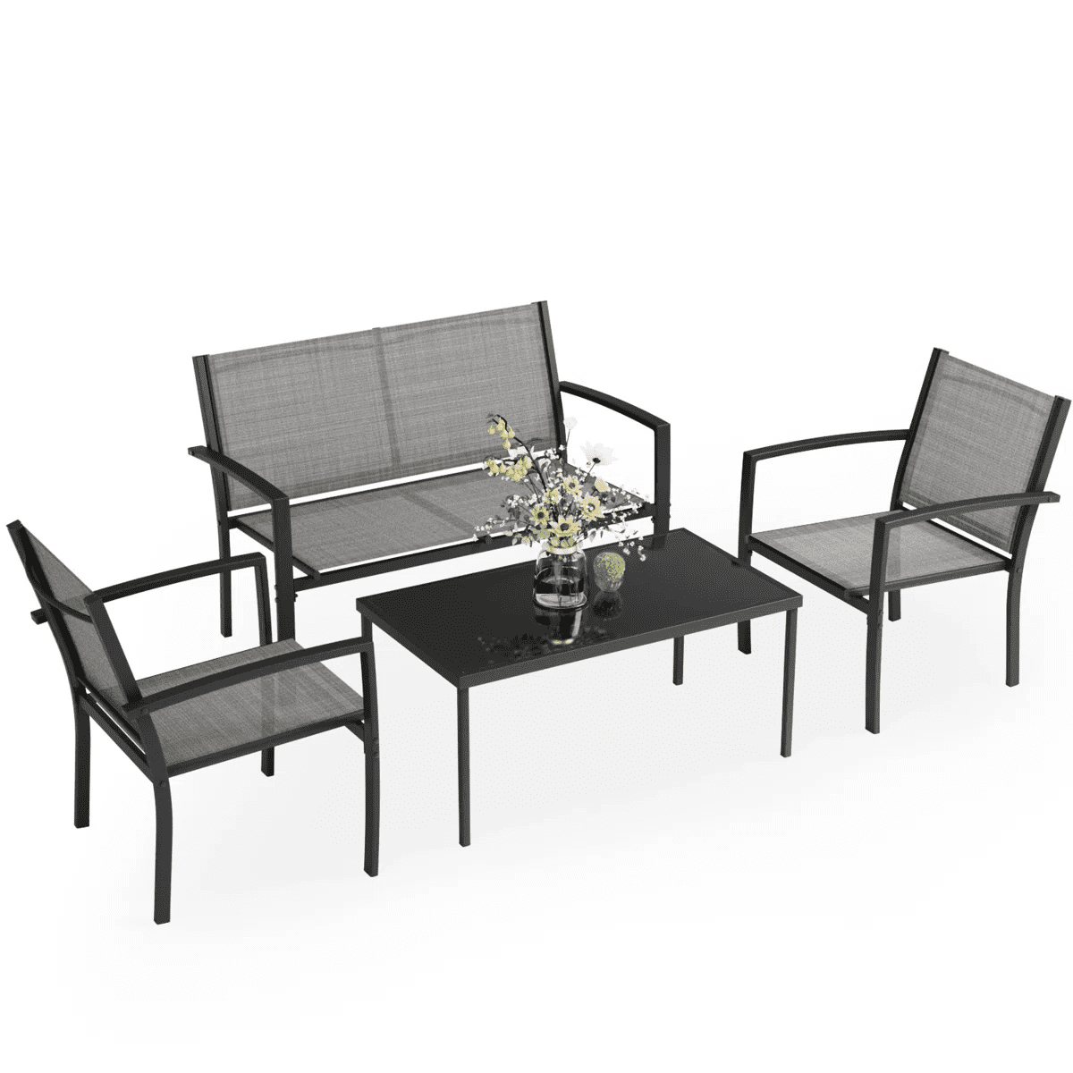LACOO 4 Pieces Outdoor Furniture Set Patio Textilene Steel Conversation Set with Loveseat Tea Table for Lawn and Balcony, Gray
