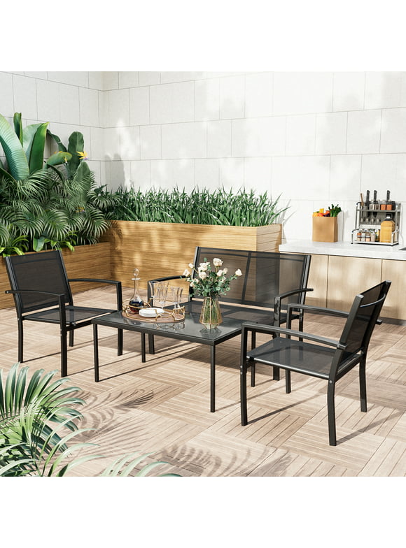 LACOO 4 Pieces Patio Indoor Furniture Outdoor Patio Furniture Set Textilene Bistro Set Modern Conversation Set Black Bistro Set with Loveseat Tea Table for Home, Lawn and Balcony, Black