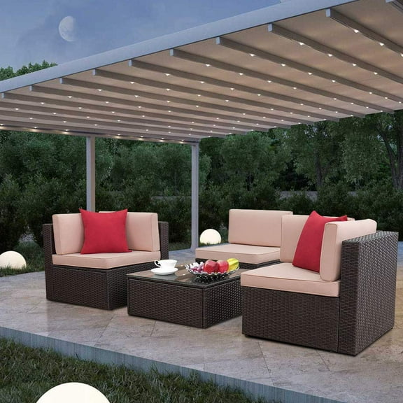 LACOO 4 Pieces Patio Rattan Sectional Set Outdoor Conversation Set with Chushions and Table, Beige