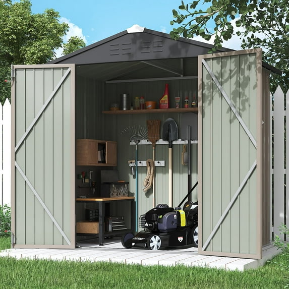 LACOO 4' x 6' Outdoor Storage Metal Shed for Tool Storage, Outdoor House for Backyard & Garden,Brown