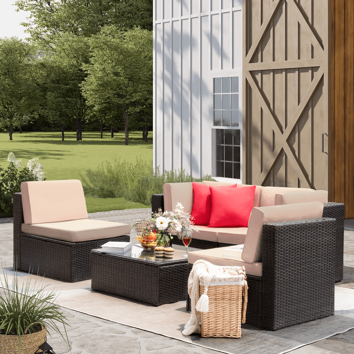 LACOO 5 Pieces Outdoor PE Wicker Conversation Set Rattan Outdoor Sectional Set with Chushions and Table(Beige)