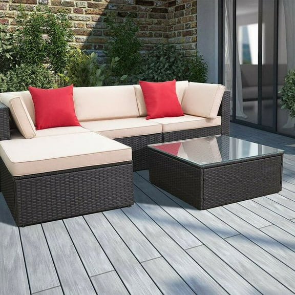 LACOO 5 Pieces Patio Conversation Set Rattan Outdoor Sectional Set with Chushions and Table, Beige