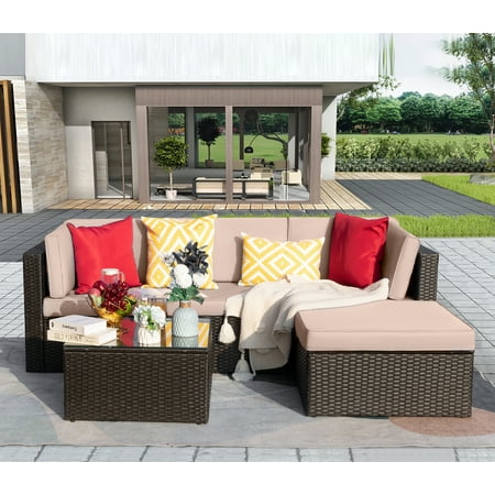 LACOO 5 Pieces Patio Rattan Sectional Set Outdoor Conversation Set , Beige