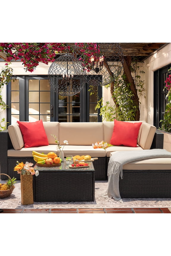 5 Pieces Patio Sectional Set PE Rattan Outdoor All-Weather Wicker Conversation Set with Table, Beige
