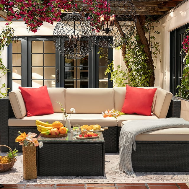 LACOO 5 Pieces Patio Sectional Set PE Rattan Outdoor All-Weather Wicker Conversation Set with Table, Beige