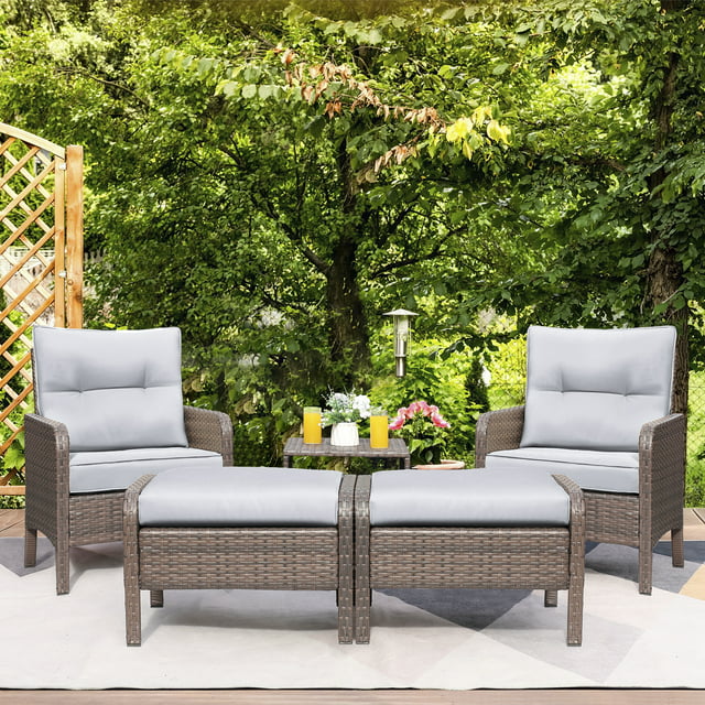 LACOO 5 Pieces Wicker Patio Furniture Set Outdoor Patio Seat Conversation Cushion Chairs with Table & Ottomans, Gray