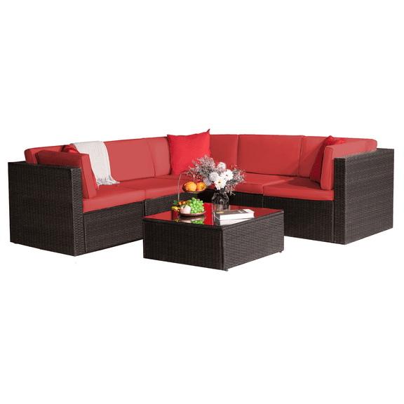LACOO 6 Pieces Outdoor PE Wicker Conversation Set Rattan Outdoor Sectional Set with Chushions and Table(Red)