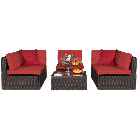 LACOO 6 Pieces Patio Conversation Set Rattan Outdoor Sectional Set All Weahther Wicker with Chushions and Table, Red