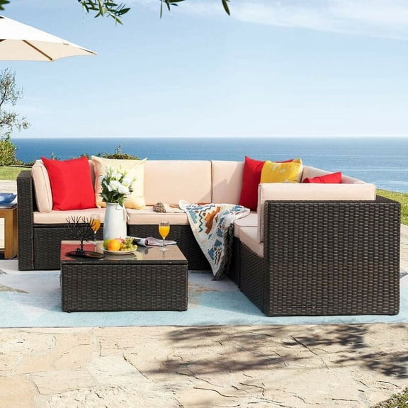 LACOO 6 Pieces Patio Rattan Sectional Set Outdoor Conversation Set with Chushions and Table, Beige