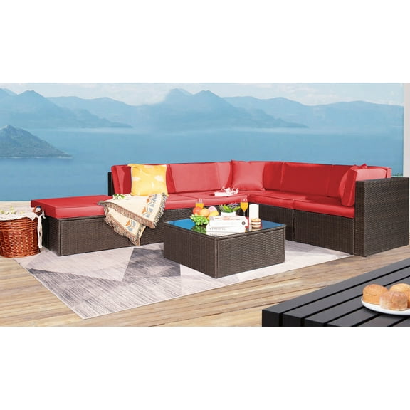 LACOO 7 Pieces Outdoor Conversation Set All Weather PE Rattan Sectional Sofa Sets with Soft Cushions, Ottoman, and Coffee Table, Red
