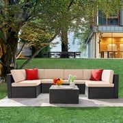 مجموعة لاكو 7 قطع فناء محادثة مجموعة أريكة مقطعية في الهواء الطلق pe rattan، beige