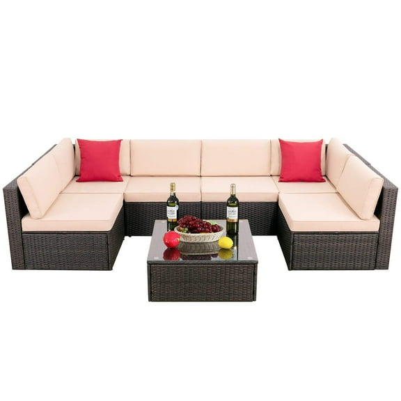 LACOO 7 Pieces Patio PE Wicker Conversation Set Rattan Outdoor Sectional Set with Chushions and Table(Beige)