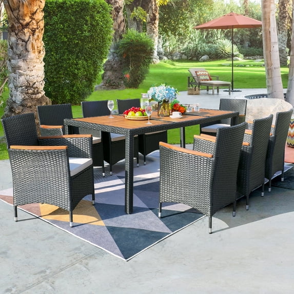 LACOO 9-Piece Outdoor Dining Set with PE Rattan Wicker and Acacia Wood Tabletop, Patio Furniture Set with Curved Wood Armrest Chairs and Cushions