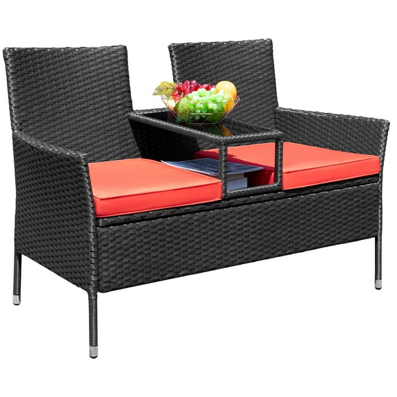 LACOO Outdoor Patio Loveseat Modern Wicker Patio Conversation Furniture Set with Cushions and Built-in Coffee Table Porch Furniture for Garden Lawn Backyard, Red