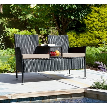 LACOO Outdoor Patio Loveseat Modern Wicker Patio Conversation Furniture Set with Cushions and Built-in Coffee Table, Steel, Beige