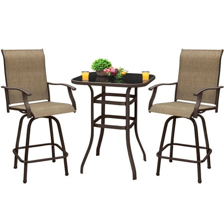 LACOO Patio Outdoor Bar Height Metal Bistro Chair and Table Set of Three, Tan