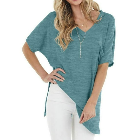 Short Sleeve V Neck Shirts Side Split Loose Fit Tunic with Pocket (Women's)