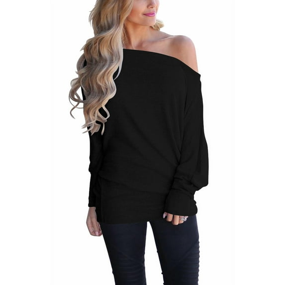 LACOZY Women Off The Shoulder Tops Batwing Sleeve Blouses Oversized Tunic Pullover Sweatshirts Large Black