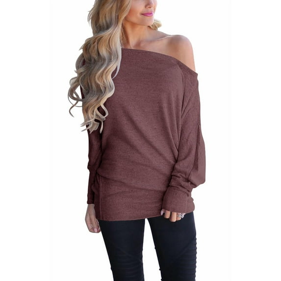LACOZY Women Off The Shoulder Tops Batwing Sleeve Blouses Oversized Tunic Pullover Sweatshirts Medium Red