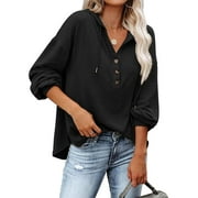 LACOZY Women V Neck Long Sleeve Henley Shirts Button Down Sweatshirts Hoodies Tunic Tops With Drawstring Khaki Large Size