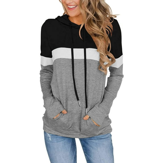 Womens Long Sleeve Hoodie Sweatshirt Contrast Hooded Drawstring Color Block Top