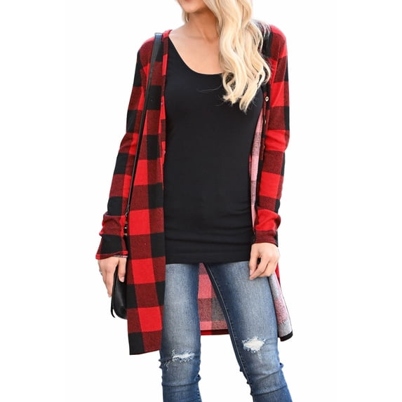 LACOZY Womens Open Front Cardigan Buffalo Plaid Shirt Large Size Red