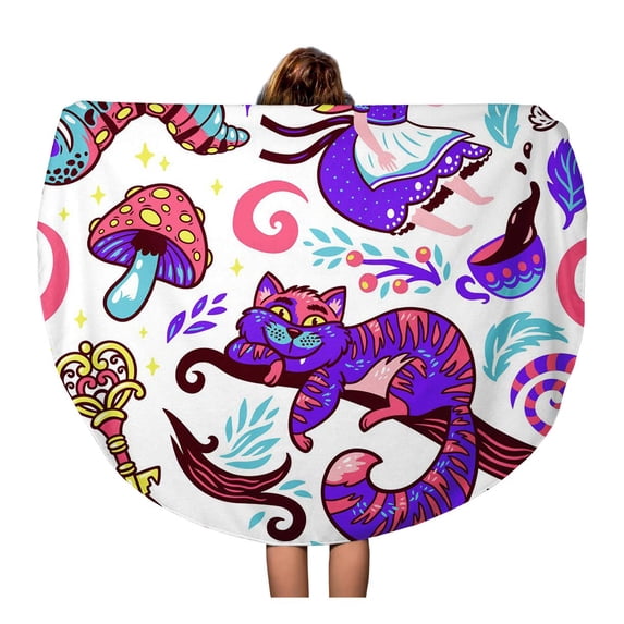 LADDKA 60 inch Round Beach Towel Blanket Alice Fairytale Story Girl Cheshire Cat Rabbit Caterpillar Travel Circle Circular Towels Mat Tapestry Beach Throw