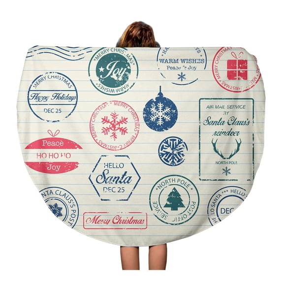 LADDKA 60 inch Round Beach Towel Blanket Brown Pole Christmas Stamps North Vintage Postage Postmark Santa Travel Circle Circular Towels Mat Tapestry Beach Throw
