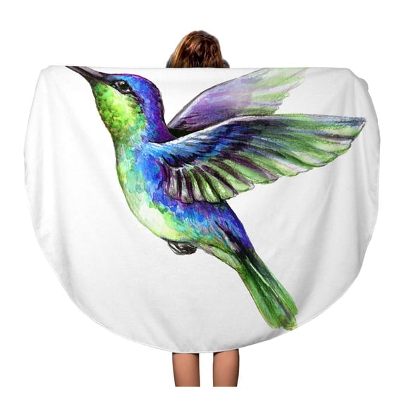 LADDKA 60 inch Round Beach Towel Blanket Colorful Watercolor Flying Hummingbird Exotic Tropical Wild Life Clip Travel Circle Circular Towels Mat Tapestry Beach Throw