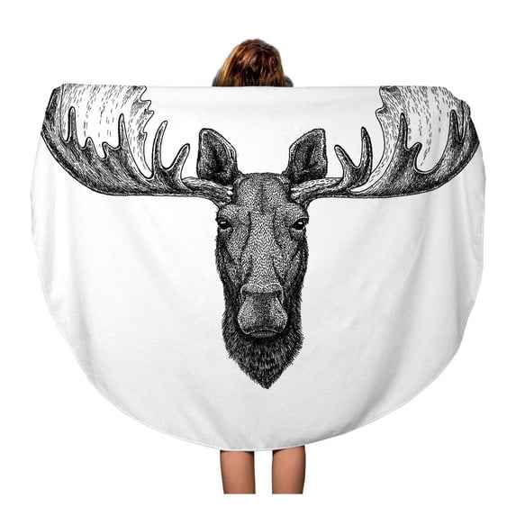 LADDKA 60 inch Round Beach Towel Blanket Head Hipster Moose Elk for Tattoo Emblem Badge Drawing Travel Circle Circular Towels Mat Tapestry Beach Throw