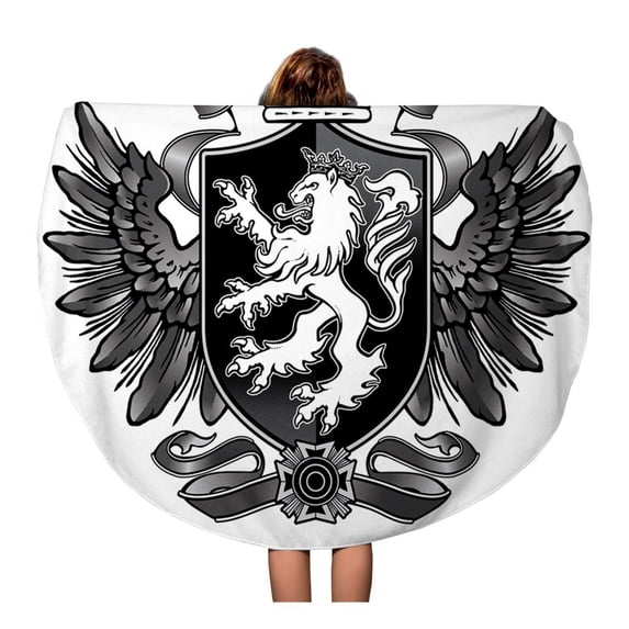 LADDKA 60 inch Round Beach Towel Blanket Shield Heraldic Lion Wing Crest Arms College Crown Emblem Travel Circle Circular Towels Mat Tapestry Beach Throw