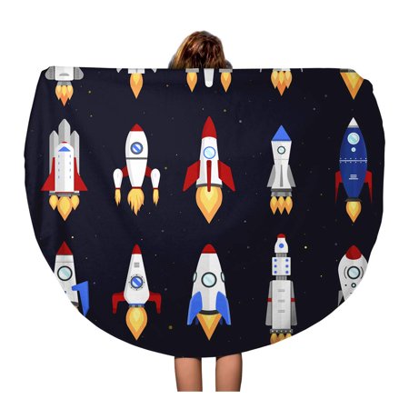 LADDKA 60 inch Round Beach Towel Blanket Space Technology Ship Rocket Cartoon Rocketship Future Astronaut Clipart Travel Circle Circular Towels Mat Tapestry Beach Throw