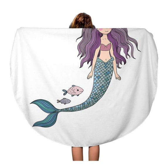 LADDKA 60 inch Round Beach Towel Blanket Tail Beautiful Princess Mermaid Siren Sea on Cute Black Travel Circle Circular Towels Mat Tapestry Beach Throw