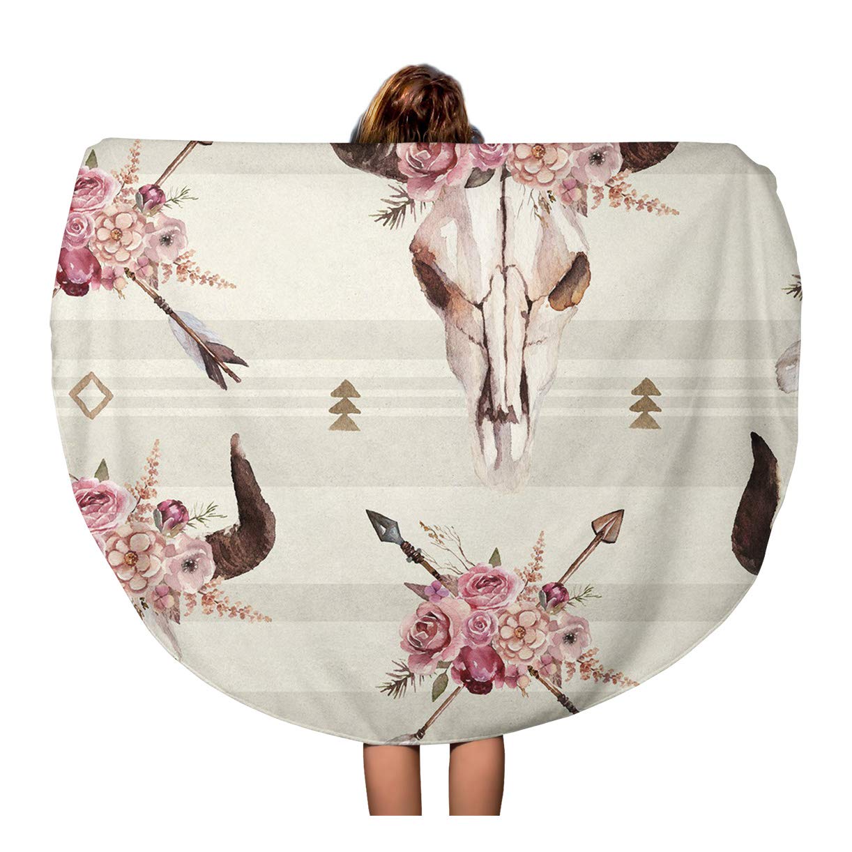 Sleepwish Round Beach Towel – 60 Inch Boho Embroidered Skull Beach Blanket With Tassels, Microfiber & Quick-Dry