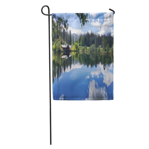 LADDKE Blue Cottage Lake Cabin Green Forest House Building California Camp Garden Flag Decorative Flag House Banner 12x18 inch