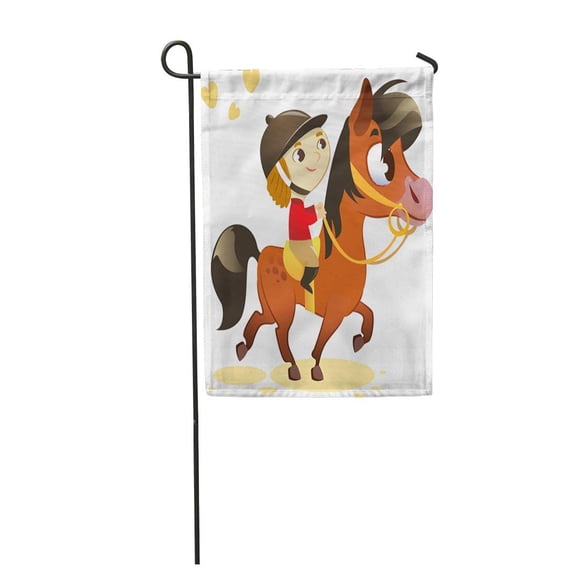LADDKE Brown Ride Child Riding Small Horse Pony Cartoon Girl Garden Flag Decorative Flag House Banner 28x40 inch
