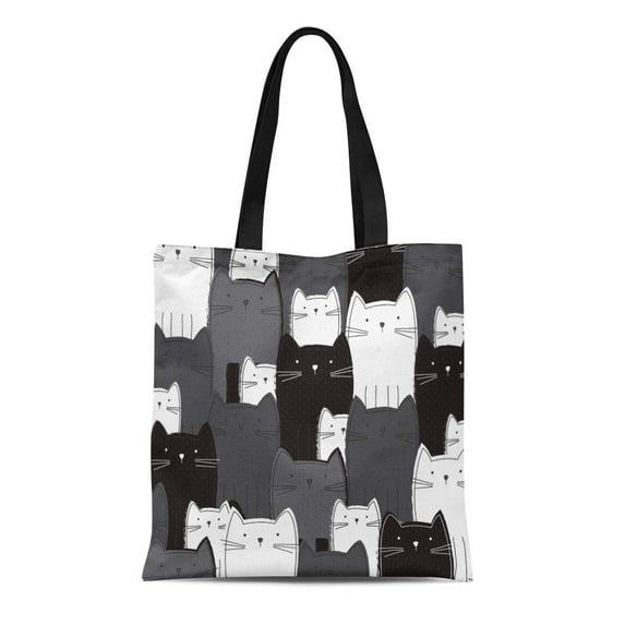 LADDKE Canvas Tote Bag Birthday Cute Black and White Cat Pattern Greeting Adorable Reusable Shoulder Grocery Shopping Bags Handbag
