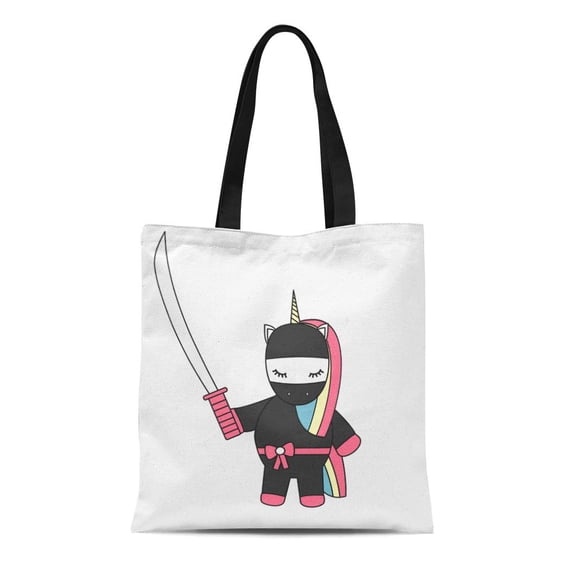 LADDKE Canvas Tote Bag Blue Cute Cartoon Ninja Unicorn Sword Colorful Brave Reusable Shoulder Grocery Shopping Bags Handbag