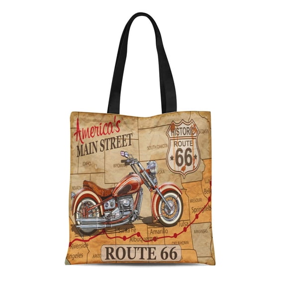LADDKE Canvas Tote Bag Map Vintage Route 66 Motorcycle Car Usa Retro Road Reusable Shoulder Grocery Shopping Bags Handbag