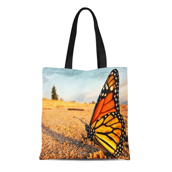 LADDKE Canvas Tote Bag Monarch Butterfly Takes Well Deserved Break Shores of Lake Reusable Shoulder Grocery Shopping Bags Handbag