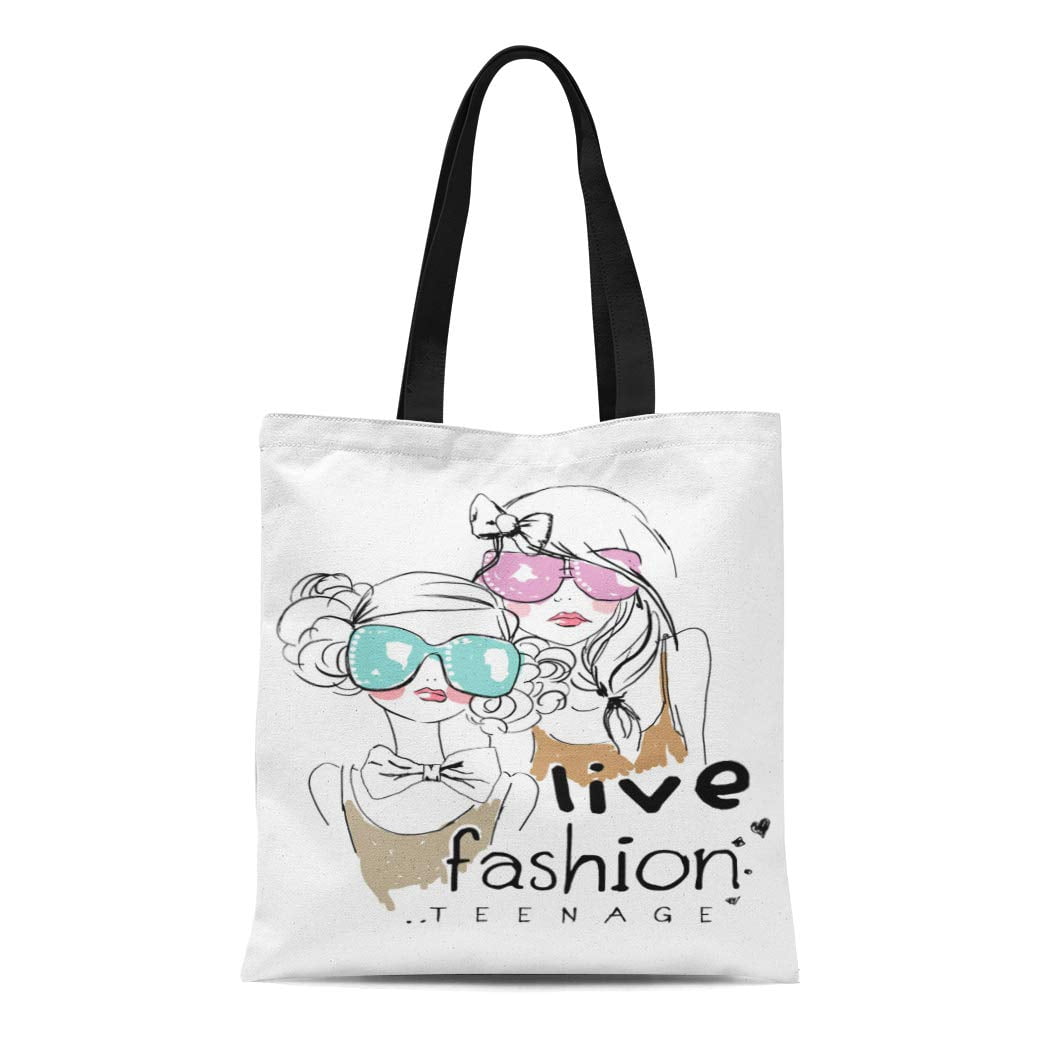 LADDKE Canvas Tote Bag Pink Vintage Teenage Girl Sunglasses Lady Sketch ...