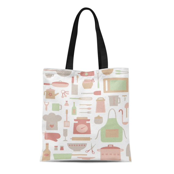 LADDKE Canvas Tote Bag Retro Cooking and Utensils Pattern Vintage Baking Chefs Reusable Handbag Shoulder Grocery Shopping Bags