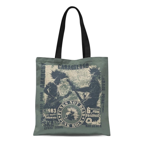 LADDKE Canvas Tote Bag Retro Punk Not Dead Two Musicians Emblem Vintage Fonts Reusable Shoulder Grocery Shopping Bags Handbag