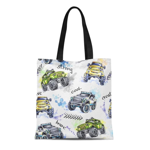 LADDKE Canvas Tote Bag Watercolor Cartoon Monster Trucks Colorful Extreme Sports 4X4 Vehicle Reusable Shoulder Grocery Shopping Bags Handbag