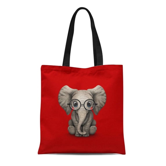 LADDKE Canvas Tote Bag Wearing Cute Baby Elephant Reading Glasses Red Eye Sitting Reusable Handbag Shoulder Grocery Shopping Bags