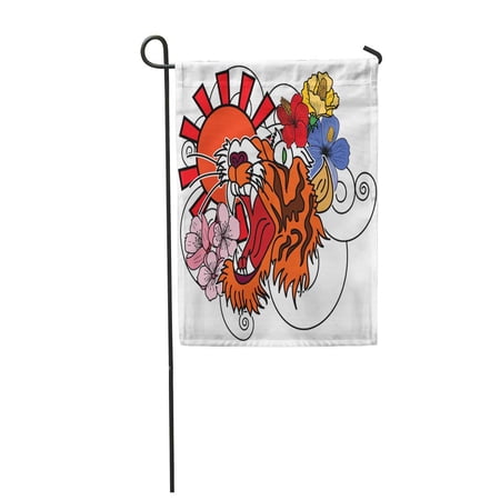 LADDKE Colorful Traditional Tattoo Tiger Face Cherry Blossom and Hibiscus Flower Garden Flag Decorative Flag House Banner 12x18 inch