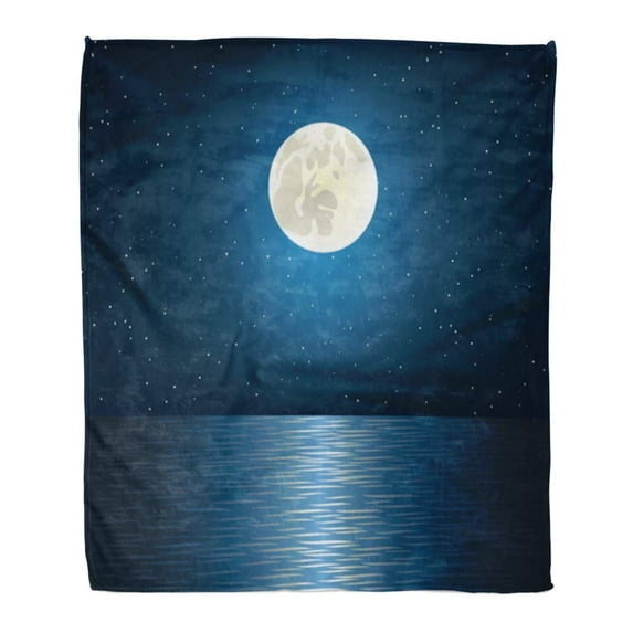 LADDKE Throw Blanket Warm Cozy Print Flannel Blue Night Full Moon Star and Ocean Sky Water Lake Dark Graphic Horizon Comfortable Soft for Bed Sofa and Couch 58x80 Inches