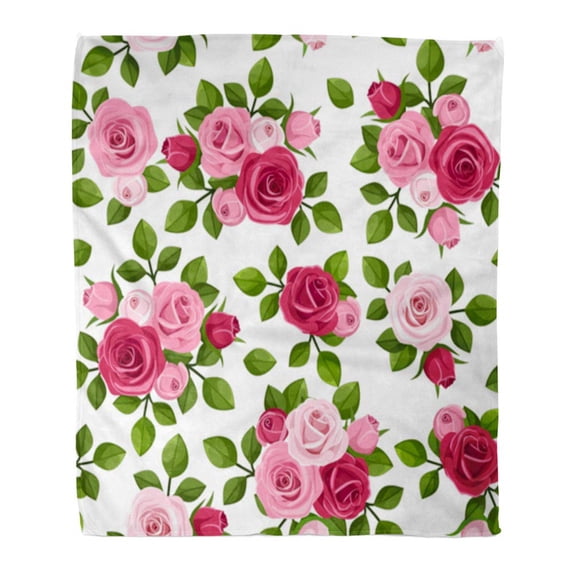 LADDKE Throw Blanket Warm Cozy Print Flannel Green Flower with Red and Pink Roses on White English Vintage Floral Ornate Comfortable Soft for Bed Sofa and Couch 58x80 Inches