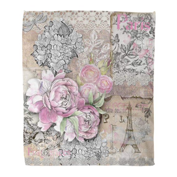 LADDKE Throw Blanket Warm Cozy Print Flannel Pink Flower Nice Feminine Vintage French Lace Floral Anniversary Border Day Comfortable Soft for Bed Sofa and Couch 58x80 Inches